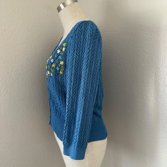 Anthropologie Guinevere Crochet Knit Cardigan V Neck Floral Embroidered Boho Blu - Picture 4 of 11